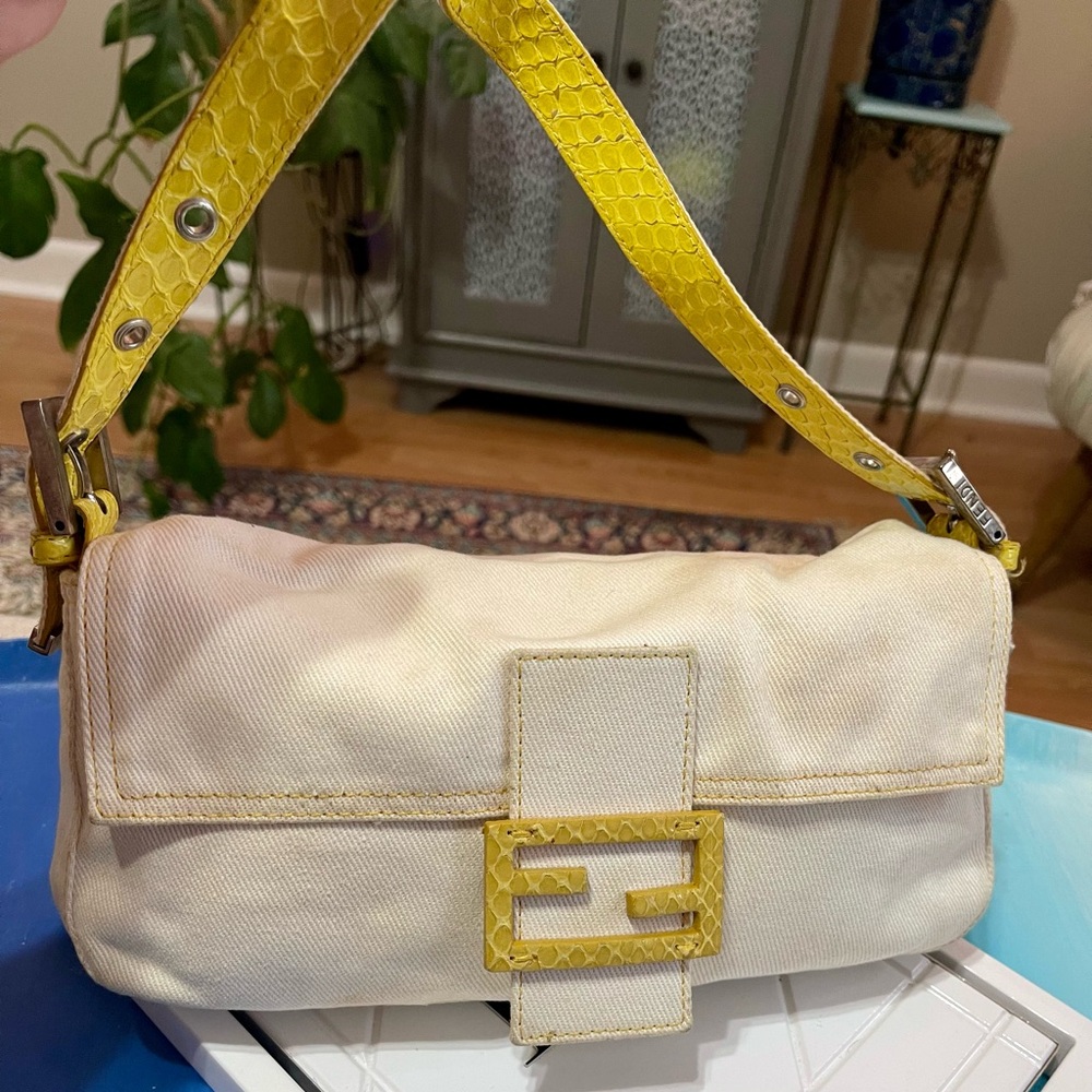 Fendi Cream Denim & Yellow Python Baguette Bag